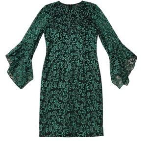 WHBM CARMEN MARC VALVO sequin embroidered lace bell sleeve dress size 8 GRN/BLK